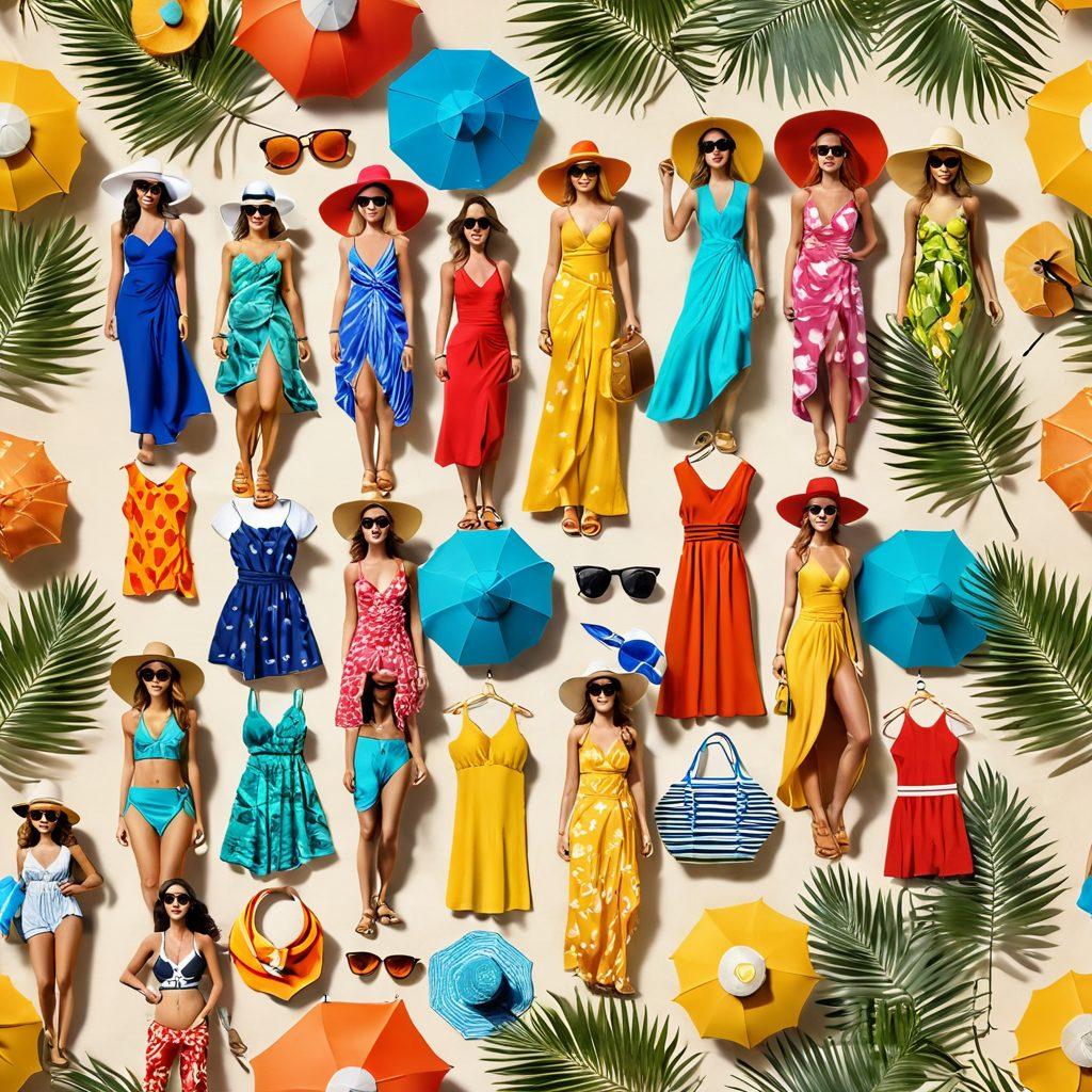 A stylish beach scene displaying various summer outfits perfect for different occasions, featuring diverse models showcasing chic beachwear, colorful sarongs, trendy sun hats, and stylish sunglasses. The background includes a vibrant ocean, sandy beach, palm trees, and beach accessories like colorful umbrellas and beach bags, creating a lively summer vibe. bright colors. 3D.